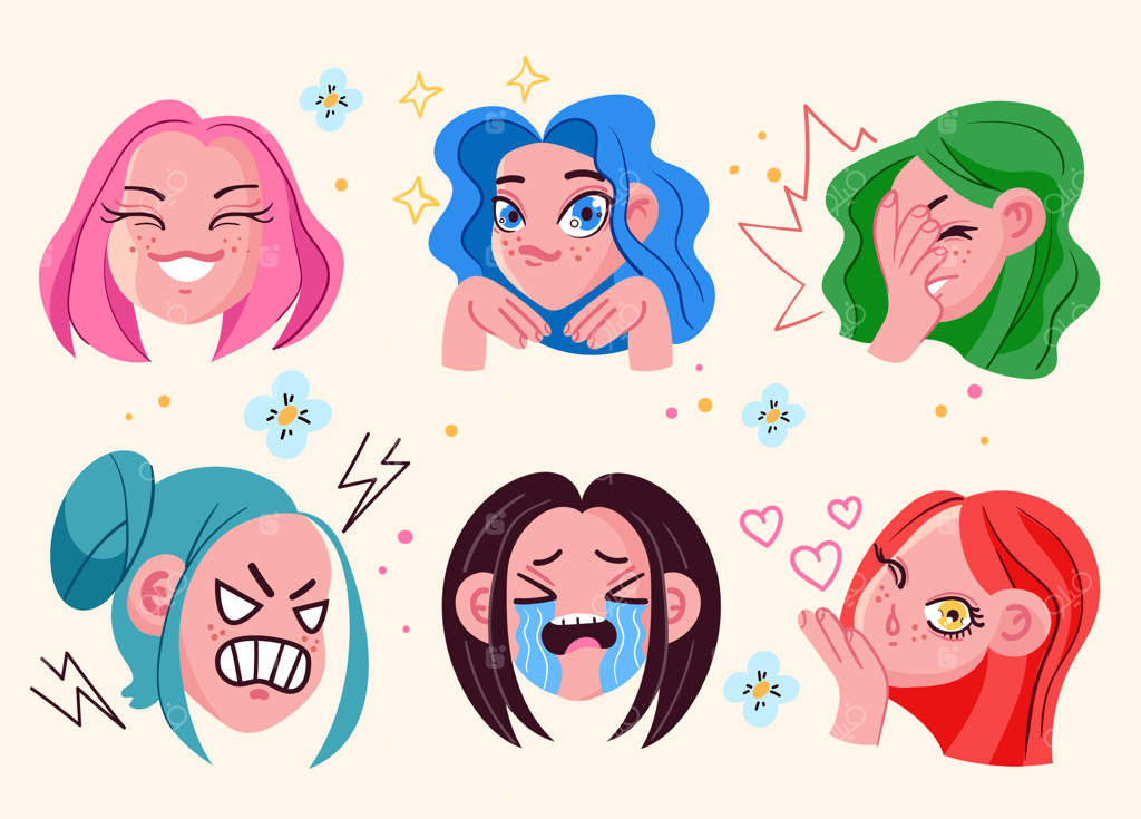 مجموعه‌ شکلک‌های صورت دخترانه انیمه با حالت‌های مختلف احساسی، وکتور فلت کارتونی بر روی زمینه سفید