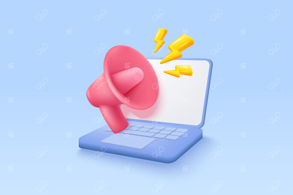 بلندگوی سه‌بعدی برای اعلامیه تبلیغاتی در شبکه‌های اجتماعی، بلندگو با لپ‌تاپ - آیکون برداری نوت‌بوک سه‌بعدی برای هشدار و اعلان