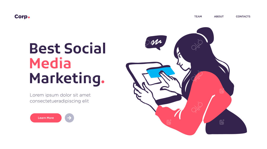 قالب صفحه فرود برای بازاریابی شبکه‌های اجتماعی با طراحی مدرن و تخت برای طراحی وب‌سایت