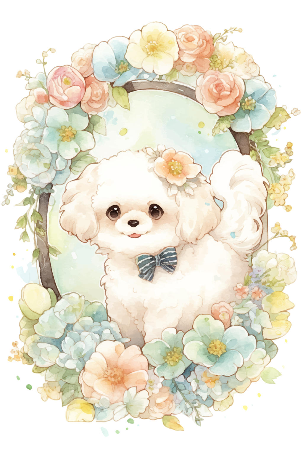 تصویری آبرنگی از سگی در قاب گل‌ها.