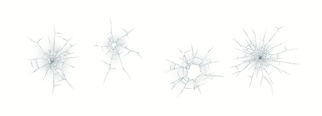 مجموعه‌ای از ترک‌های واقعی گلوله روی سطح شیشه با جزئیات دقیق و شفافیت بالا. ایده‌آل برای پروژه‌های طراحی و ماکت‌های دیجیتال.