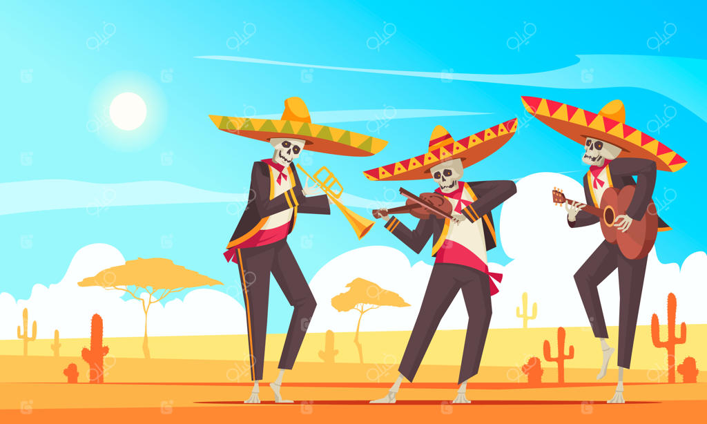 پس‌زمینه روز مردگان در مکزیک همراه با نمادهای جشن ملی - تصویرسازی وکتوری تخت