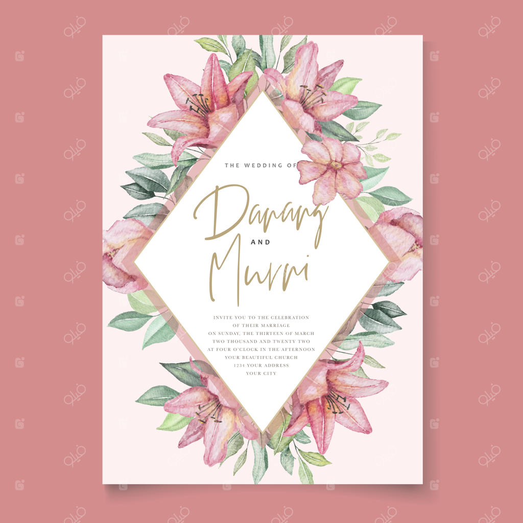 ست کارت دعوت عروسی با طرح گل و برگ به سبک آبرنگ