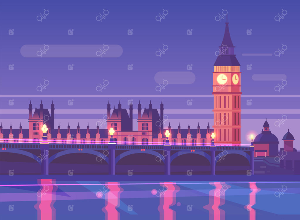 چشم انداز شبانه شهر: ترافیک پل وست‌مینستر در لندن، انگلستان.