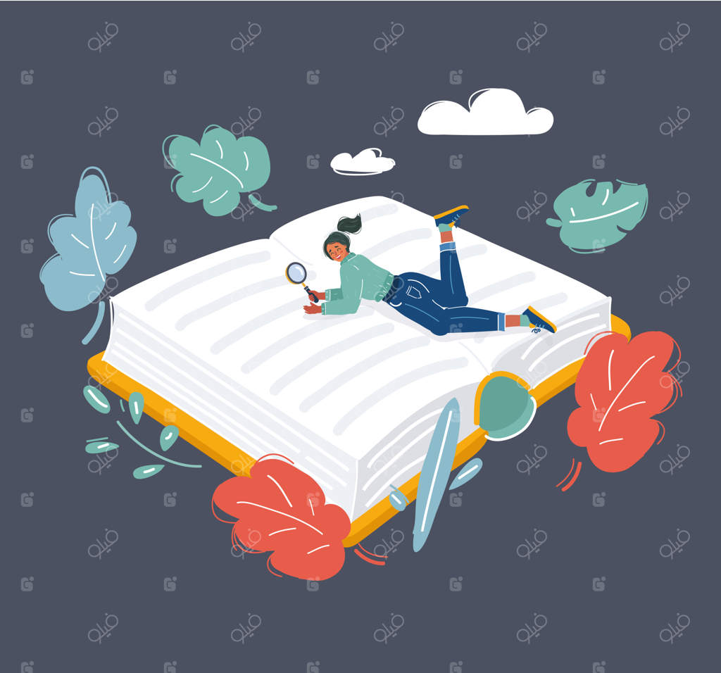 تصویر وکتوری کارتونی از زنی که روی کتاب بزرگی دراز کشیده و با ذره‌بین مطالعه می‌کند شخصیت انسانی در پس‌زمینه تیره
