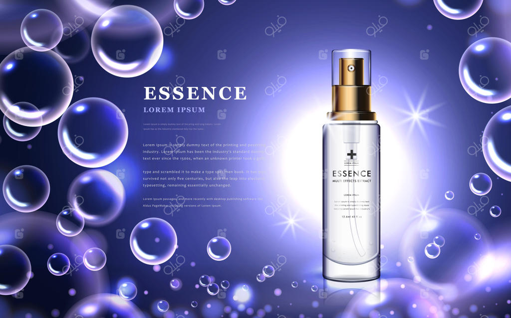 شیشه اسانس با حباب‌های جذاب و پس‌زمینه بنفش