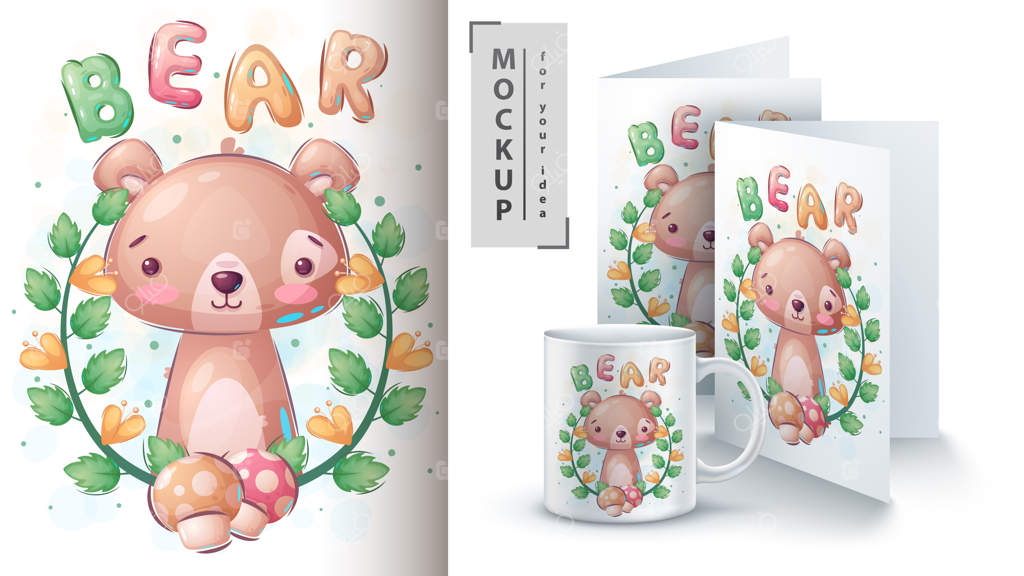 پوستر و محصولات تبلیغاتی خرس با برگ - وکتور EPS 10