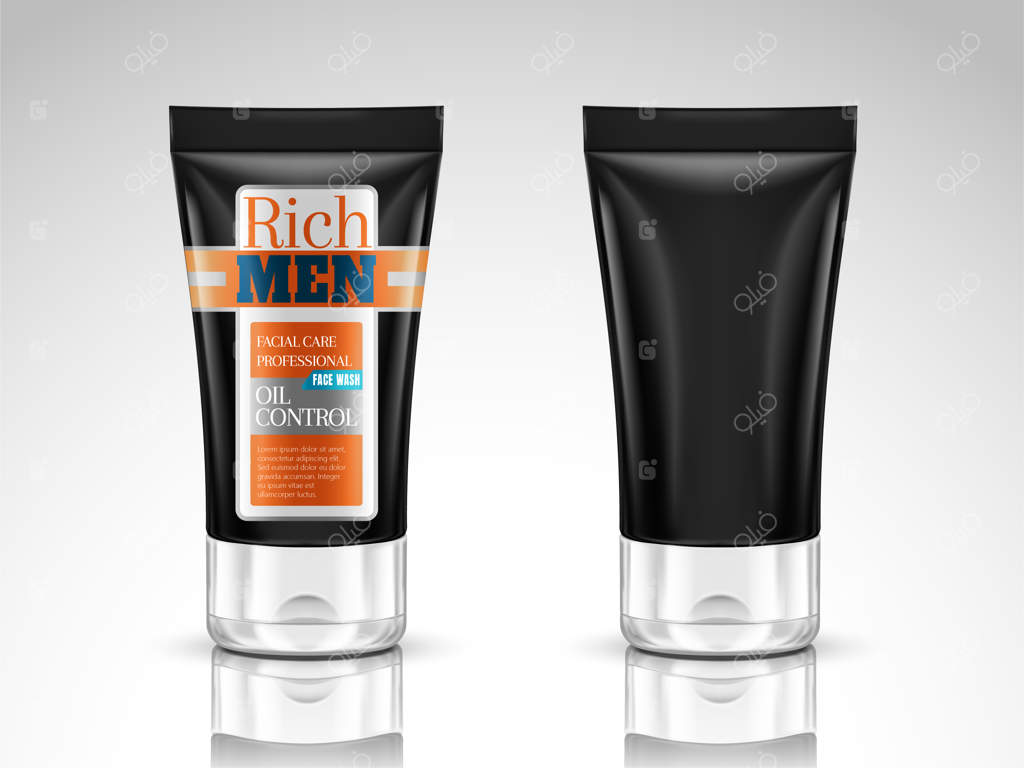 طرح سه‌بعدی تیوپ شستشوی صورت، طراحی بسته‌بندی لوازم آرایشی، بر روی پس‌زمینه سفید