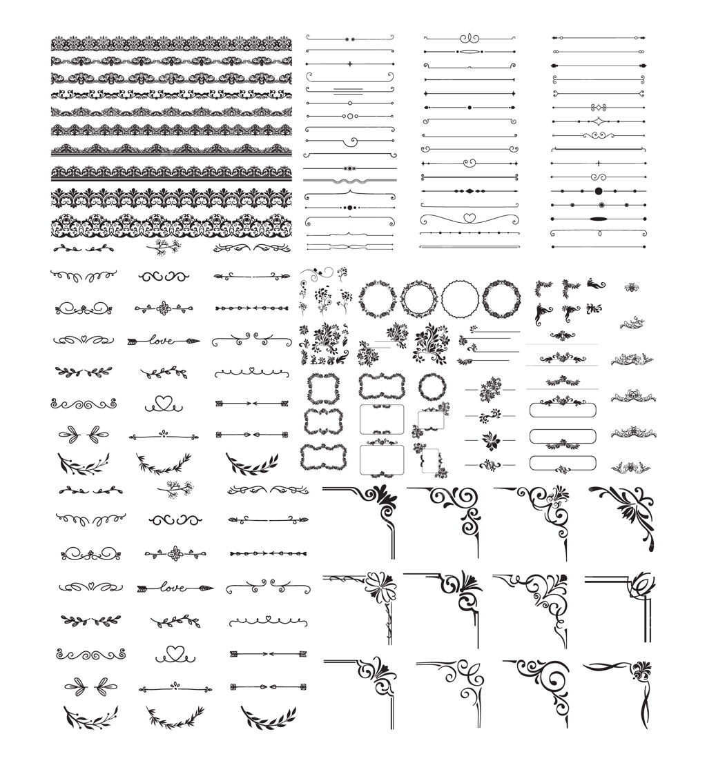مجموعه نقش و نگارهای تزئینی، جداکننده‌های گوشه، حاشیه‌های طرح دستی و المان‌های دکوراتیو