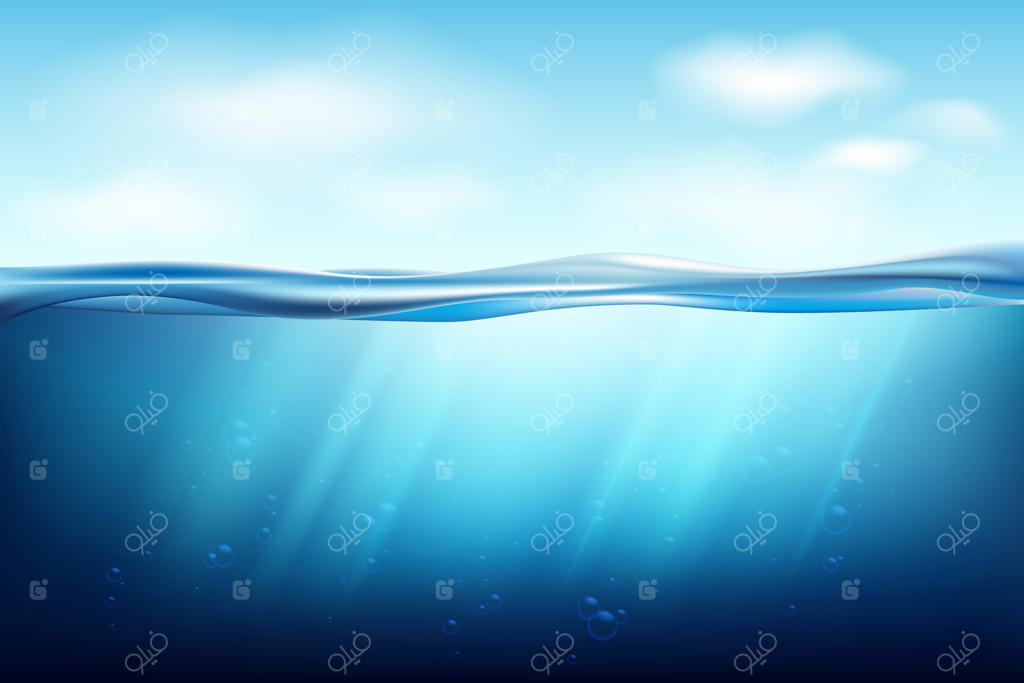 پس‌زمینه‌ شفاف اقیانوس آبی زیر آب. سطح زیرین دریاچه‌ها. افق آرام و آبی در زیر سطح دریا