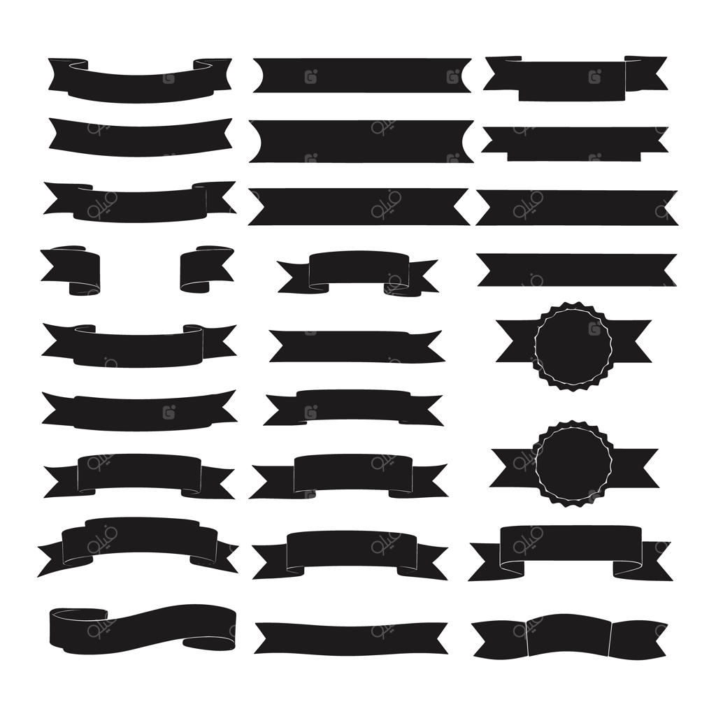 مجموعه وکتور شکل‌های سیاه و سیلوئت روبان و بنر