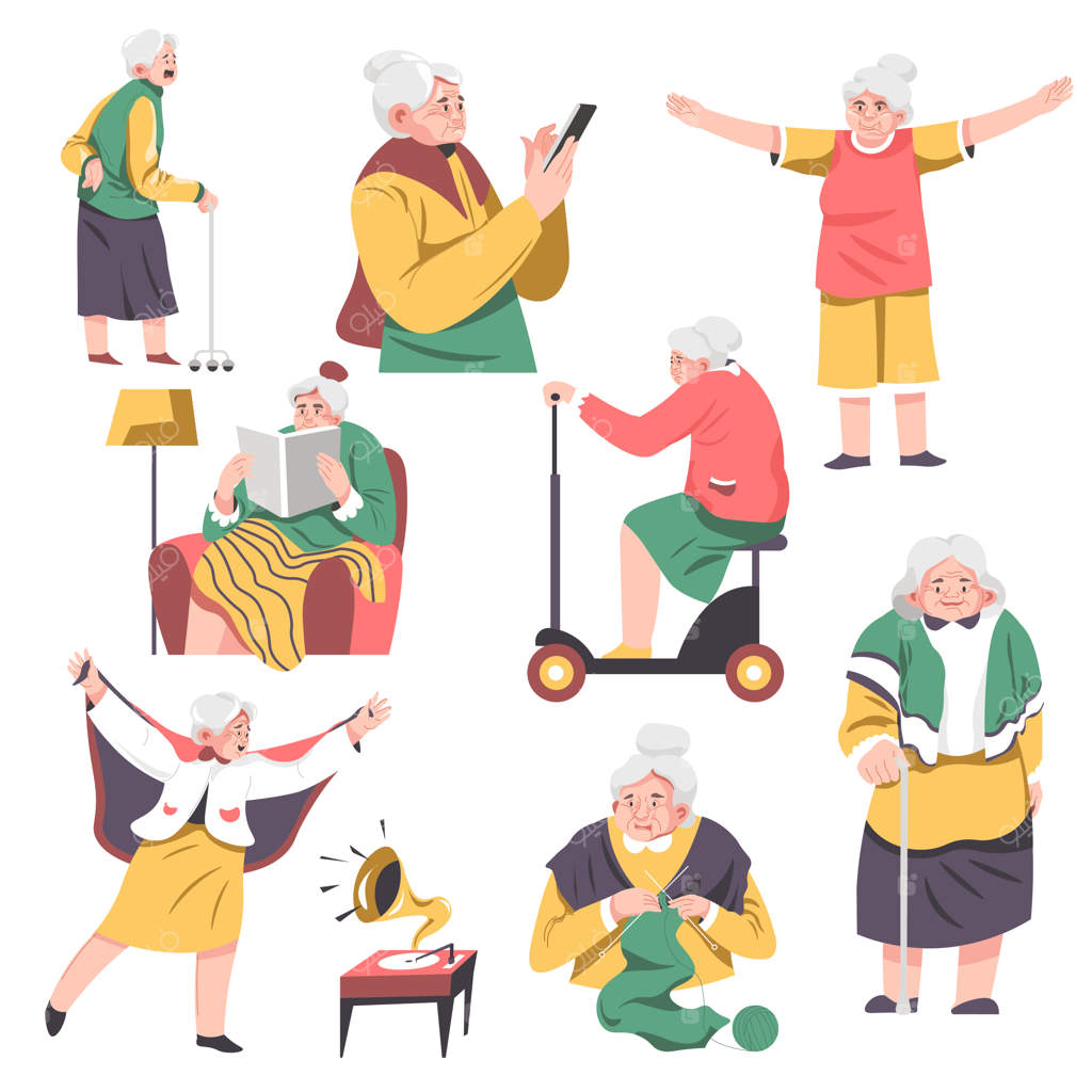 مادربزرگ در حال بافتنی و استفاده از گوشی هوشمند