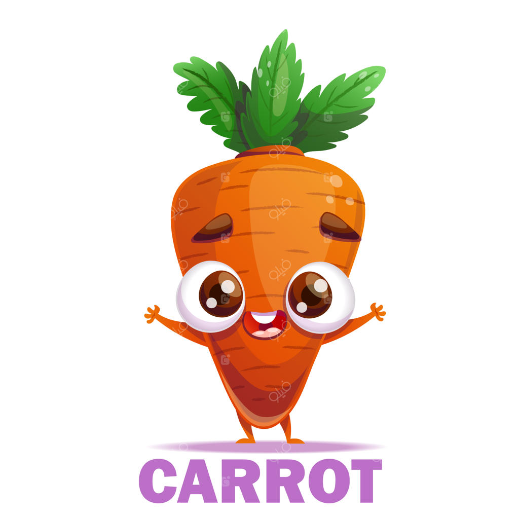 شخصیت کارتونی هویج شاد با چشم‌های بزرگ و برگ‌های سبز پر از انرژی