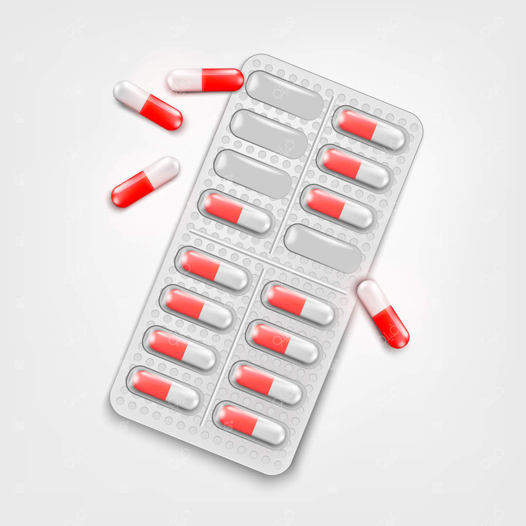 کپسول‌های قرمز در بلیستر پلاستیکی: بسته‌های دارویی کپسول سخت دو تکه روی پس‌زمینه سفید - تصویرسازی