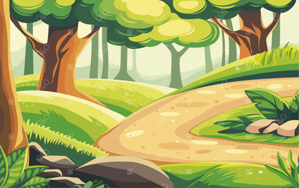 پس‌زمینه نقاشی کارتونی از یک جنگل سبز آفتابی در بهار