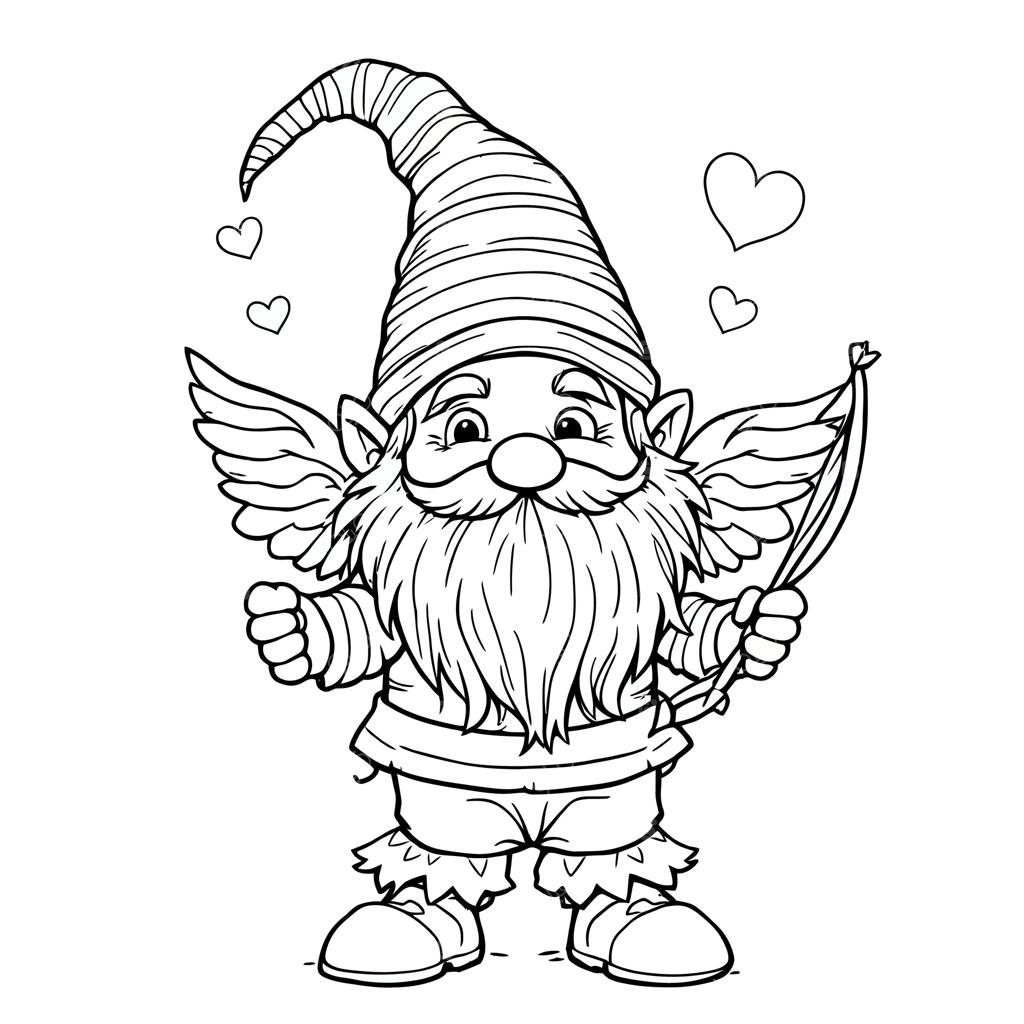 کارت رنگ آمیزی روز ولنتاین: جن کوچک با بال و کمان به سبک کیوپید و قلب‌ها