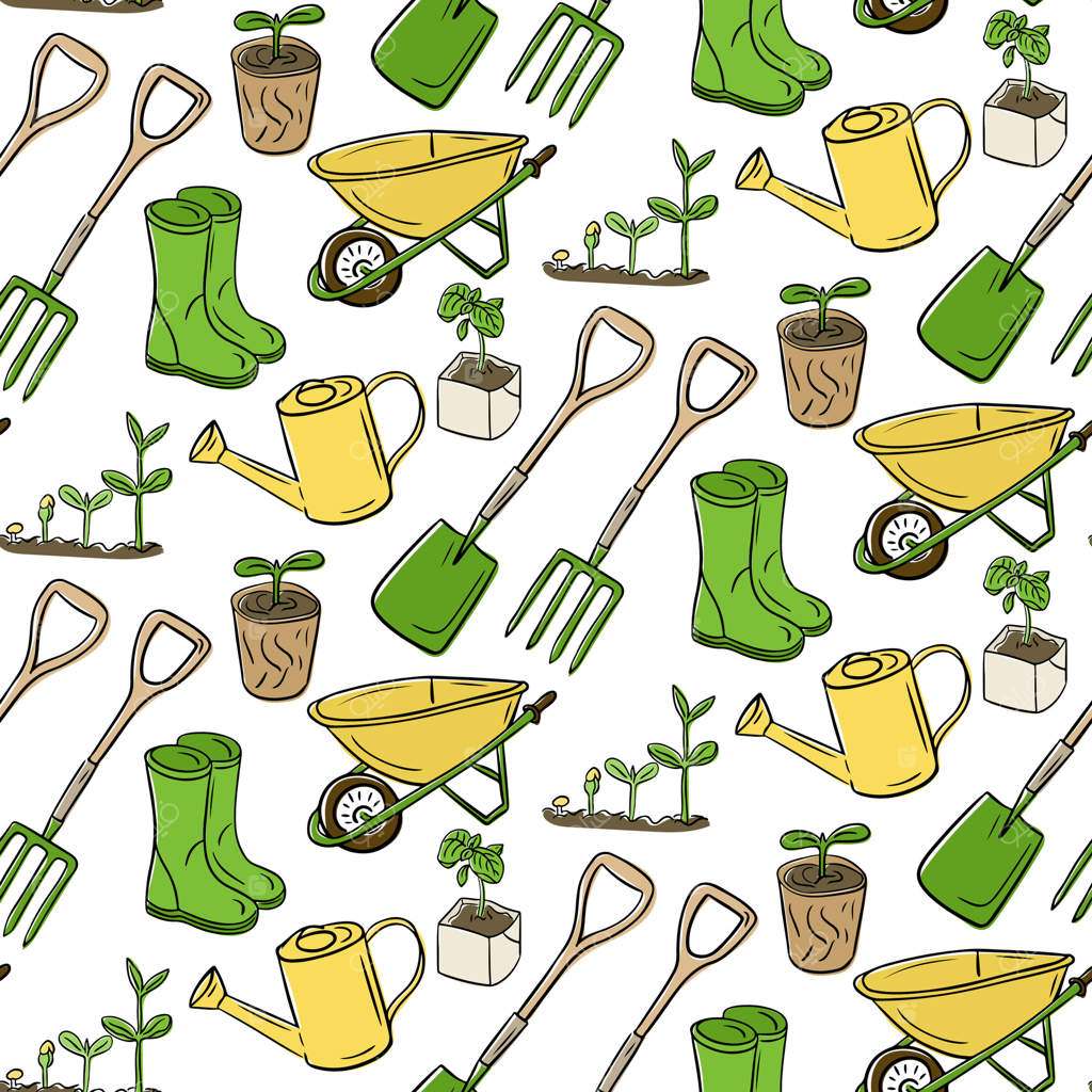 پترن باغ با طرح دستی: ابزار، نهال، چکمه‌ها و آب‌پاش‌ها در رنگ‌های سبز و زرد. مفهوم باغبانی، بهار و زندگی دوست‌دار محیط‌زیست با سبکی بازیگوش.