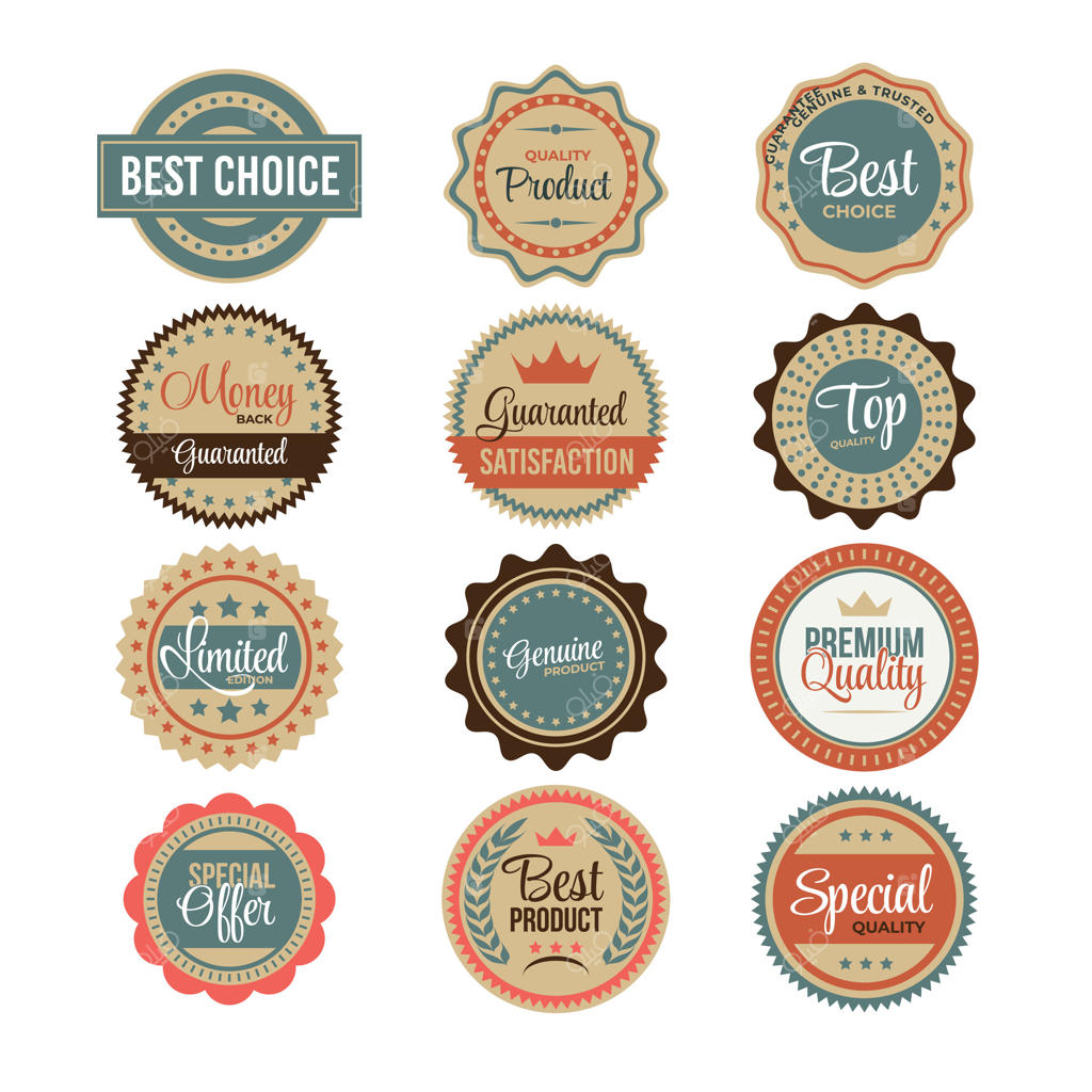 مجموعه برچسب‌های قدیمی مهر و موم، برچسب‌های قهوه‌ای سبک میانه قرن، نشان‌های تأیید کیفیت بالا، برچسب و بنرهای تخفیف ویژه محصولات قدیمی و برچسب‌های بهترین محصول
