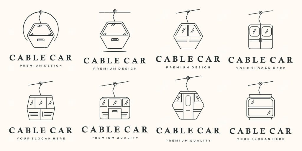 مجموعه لوگوهای تله‌کابین - طراحی وکتوری، مجموعه‌ای از گوندولا با نمای بیرونی و راه‌آهن - طراحی لوگو و مفهوم بصری