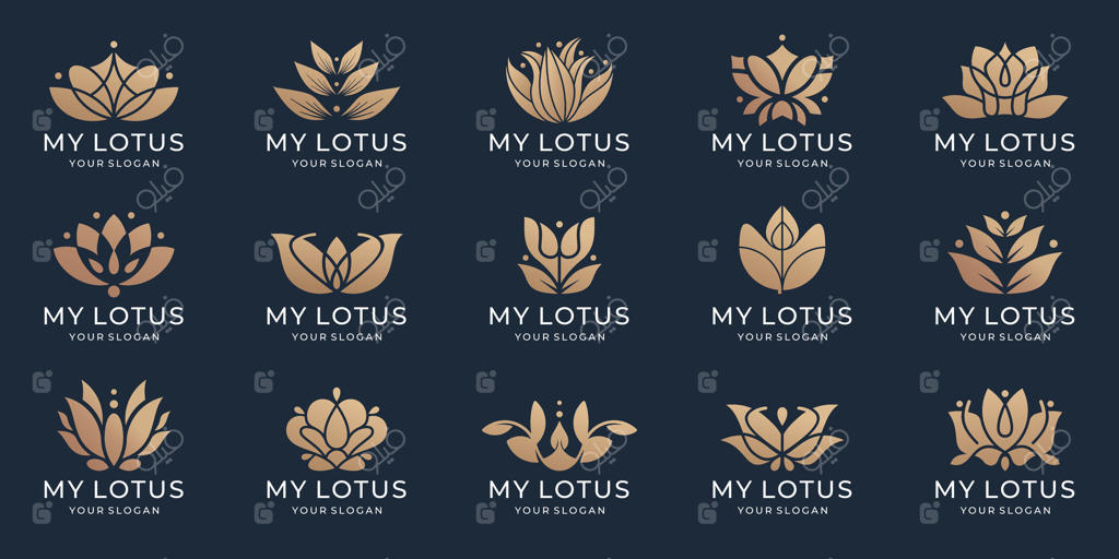 مجموعه لوگو و آیکون لوکس نیلوفر. مجموعه طراحی لوگوی انتزاعی نیلوفر زیبا. طراحی برای اسپا، زیبایی و آرایشی، محصولات زنانه و هتل بوتیک. تصویرسازی.