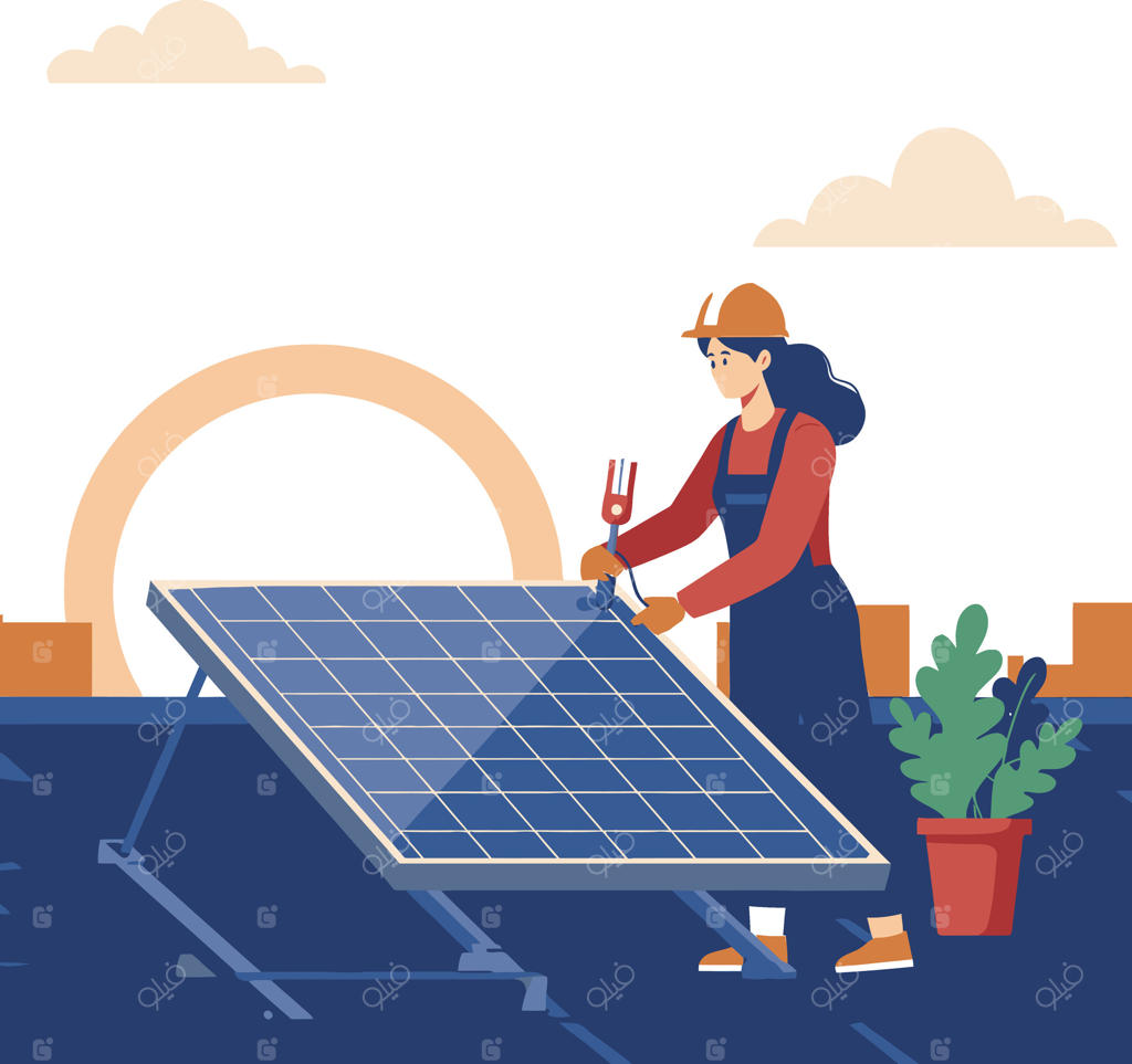 زنی در حال نصب پنل خورشیدی بر روی پشت‌بام با چشم‌اندازی از سبزه و آسمان آبی