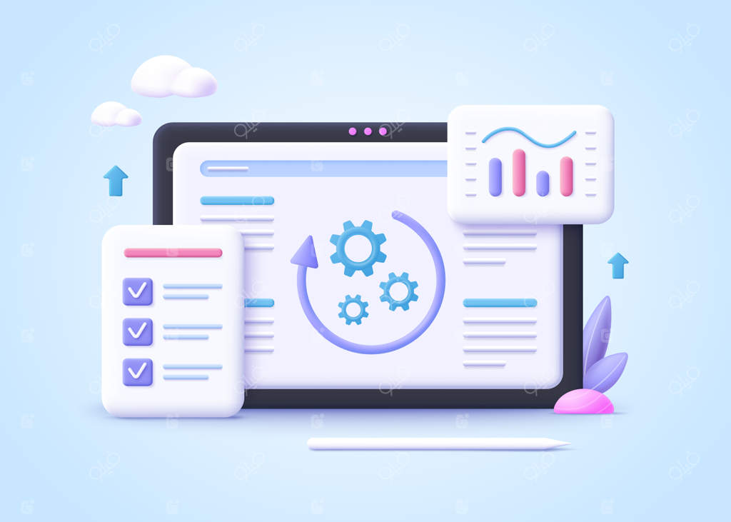 مفهوم فرآیند اجرای پروژه: تصویرسازی واقع‌گرایانه سه‌بعدی وکتور