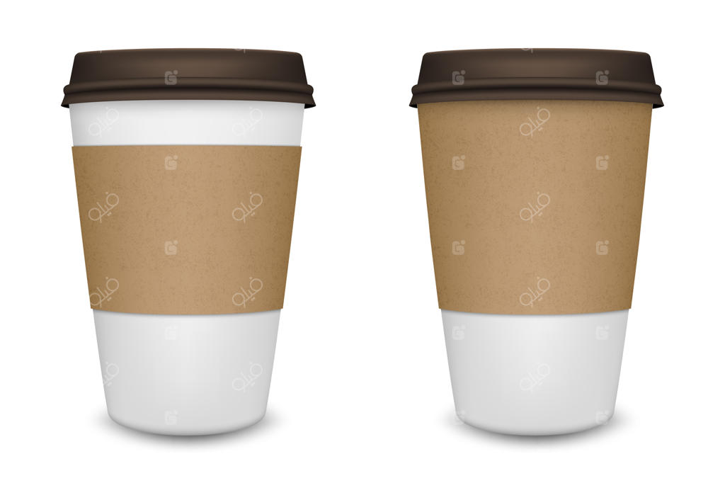 فنجان قهوه کاغذی واقعی بر روی زمینه سفید. قالب.