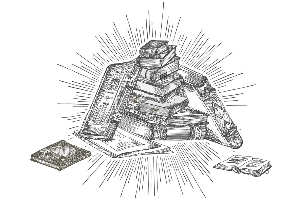 بنر با طرح دست‌کشیده کتاب‌ها - طراحی کلاسیک برای فلایر نمایشگاه یا جشنواره، پوستر کتابخانه یا تبلیغات کتابفروشی به سبک حکاکی قدیمی