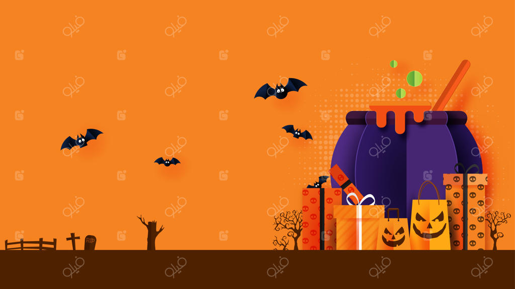 بنر یا پس‌زمینه هالووین مبارک با سبکی شبیه کاغذ بریده شده. دیگ جادوگر با جعبه هدیه و کیف خرید.