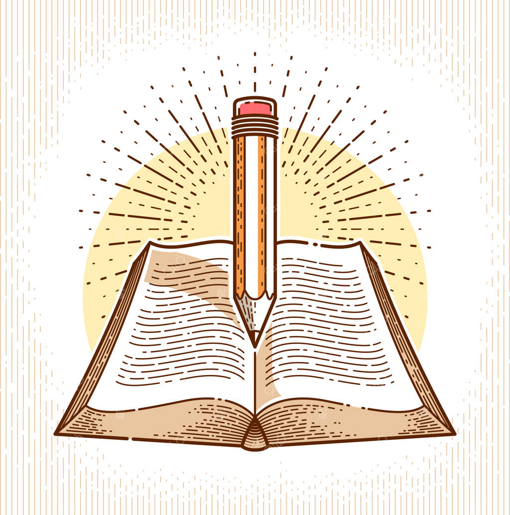 لوگو یا نشان وکتور: کتاب و مداد قدیمی، مفهوم دانش آموزشی یا علمی، کتابخانه ادبیات آموزشی یا علمی.