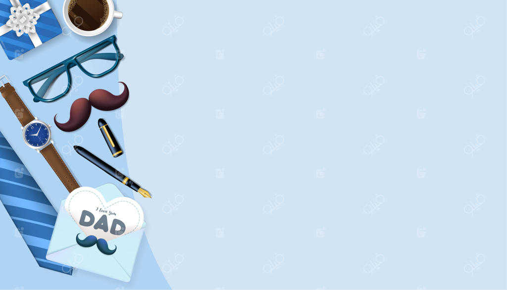 پس زمینه روز پدر مبارک با پترن نمادین کراوات، ساعت، قهوه، عینک و قلم
