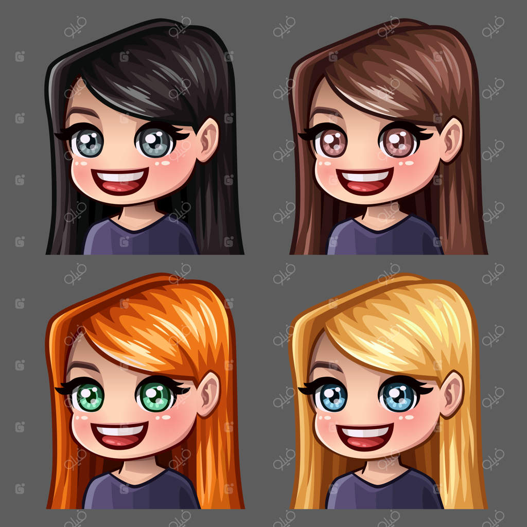 آیکون های احساسی لبخند زن با موهای بلند برای شبکه های اجتماعی و برچسب ها