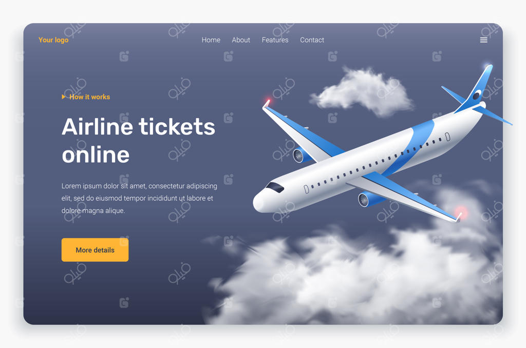 هواپیما و ابرهای ایزومتریک. قالب صفحه فرود.