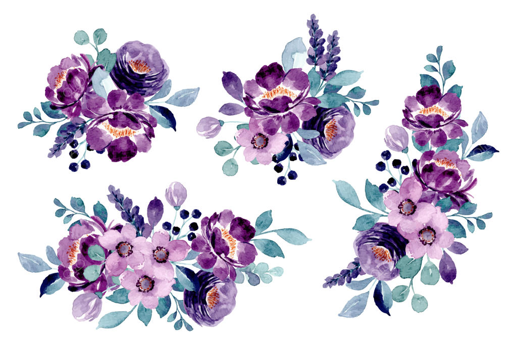 مجموعه دسته‌گل‌های گلدار بنفش با آبرنگ