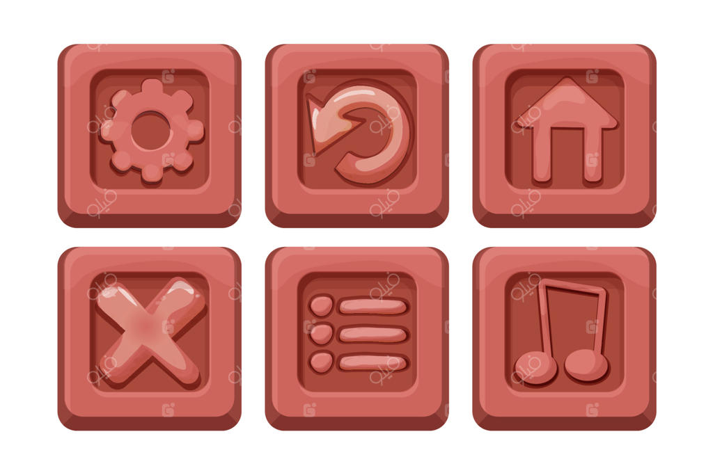 تنظیم منوی دکمه‌های رابط کاربری روی بلوک سنگی به سبک کارتونی، عنصر طراحی بازی، شیء رابط کاربری در پس‌زمینه سفید. تصویر وکتور