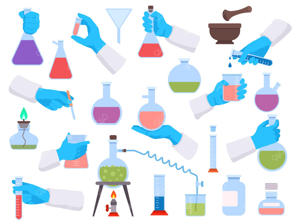 لوله‌های آزمایش و ابزارهای علمی آزمایشگاه شیمی برای آزمایش؛ مجموعه وکتور دستان شیمیدان یا پزشک با دستکش در حال نگه‌داشتن بشر و ارلن، تصویرسازی لوله آزمایش برای فناوری داروسازی