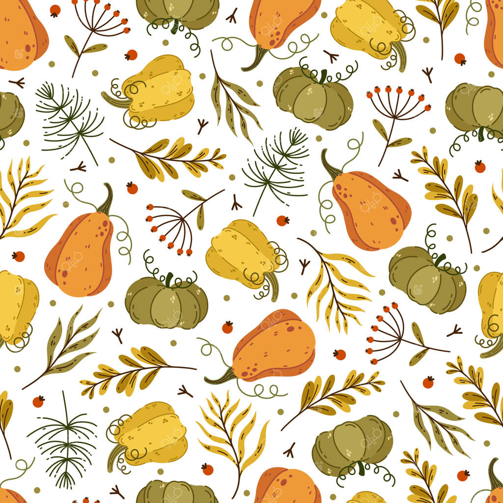 پترن یکپارچه پاییزی: کدوهای آبدار، برگ‌های رنگارنگ، گیاهان وحشی و توت‌های رسیده. برداشت مزرعه، سبزیجات باغ. پس‌زمینه کارتونی روستایی برای جشن شکرگزاری و مهمانی فصلی