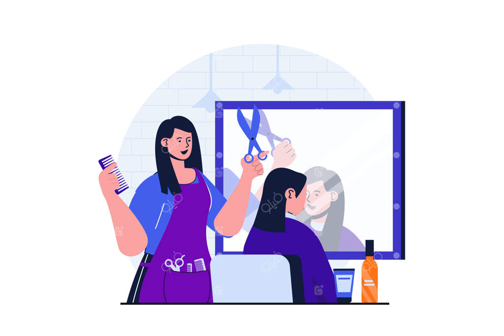 مفهوم مدرن سالن زیبایی برای طراحی بنر وب - آرایشگر زن با قیچی در دست