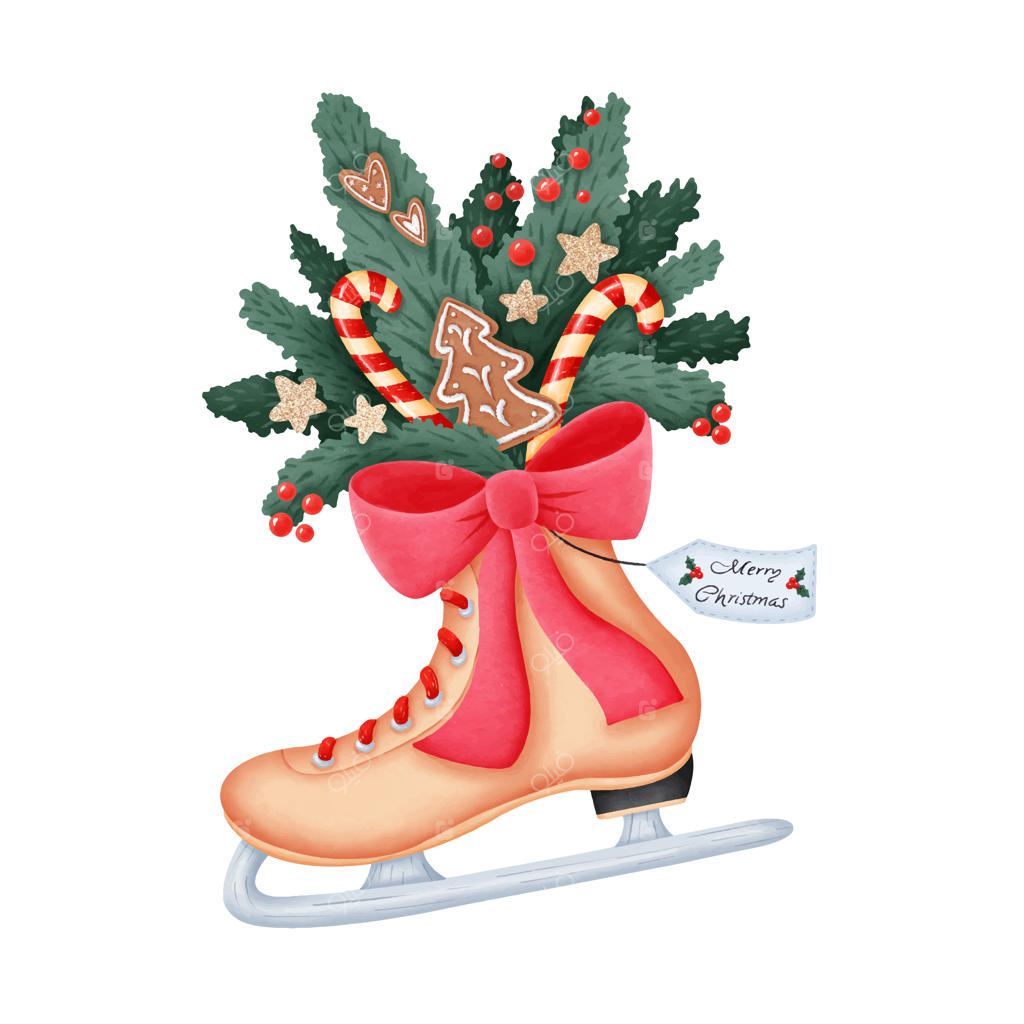 اسکیت‌های یخی زمستانی با شاخه‌های درخت کریسمس، کوکی‌های زنجبیلی و آب‌نبات‌های عصا شکل.