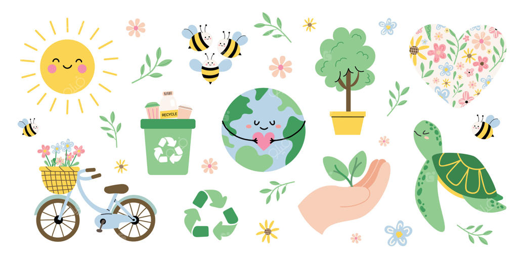مجموعه دوست‌داشتنی روز زمین با عناصر سازگار با محیط‌زیست: سیاره‌ای شاد با قلب، خورشید خندان، زنبورها، سطل بازیافت، دوچرخه، لاک‌پشت، گیاهان و گل‌ها. حفاظت از محیط‌زیست و اکولوژی، تصویری تخت
