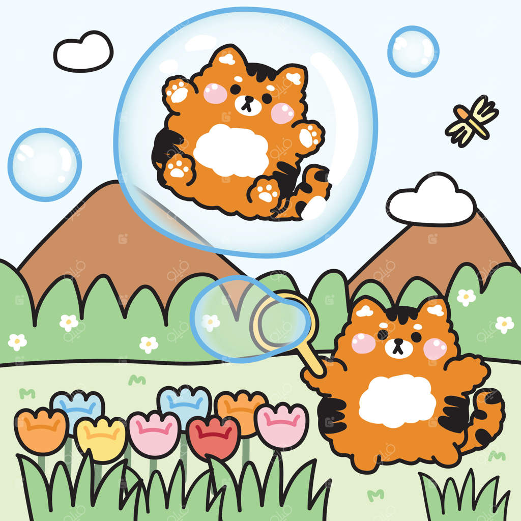 ببر بامزه با حباب‌های صابون در باغ گل‌های جنگل بازی می‌کند. ببر در حبابی با پس‌زمینه آسمان قرار دارد. طراحی کارتونی شخصیت حیوان وحشی. کawaii. تصویرسازی.