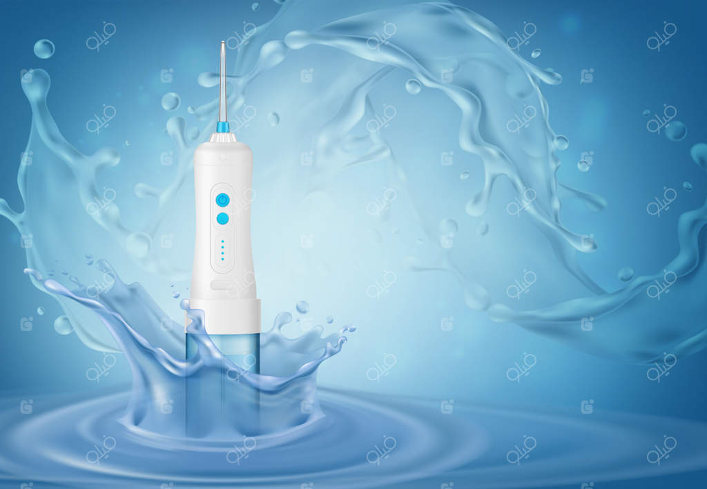 تصویر واقع‌گرایانه واتر جت دندان بر روی پس‌زمینه آبی