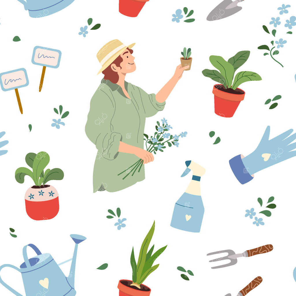پترن یکپارچه بهاری با دختر زیبا، ابزار باغبانی، گیاهان جوان و گل‌های آبی - پس زمینه‌ای رنگارنگ برای باغبانی در خانه. بافت مراقبت از گیاهان خانگی برای پارچه‌ها، بسته‌بندی و کاغذ کادو
