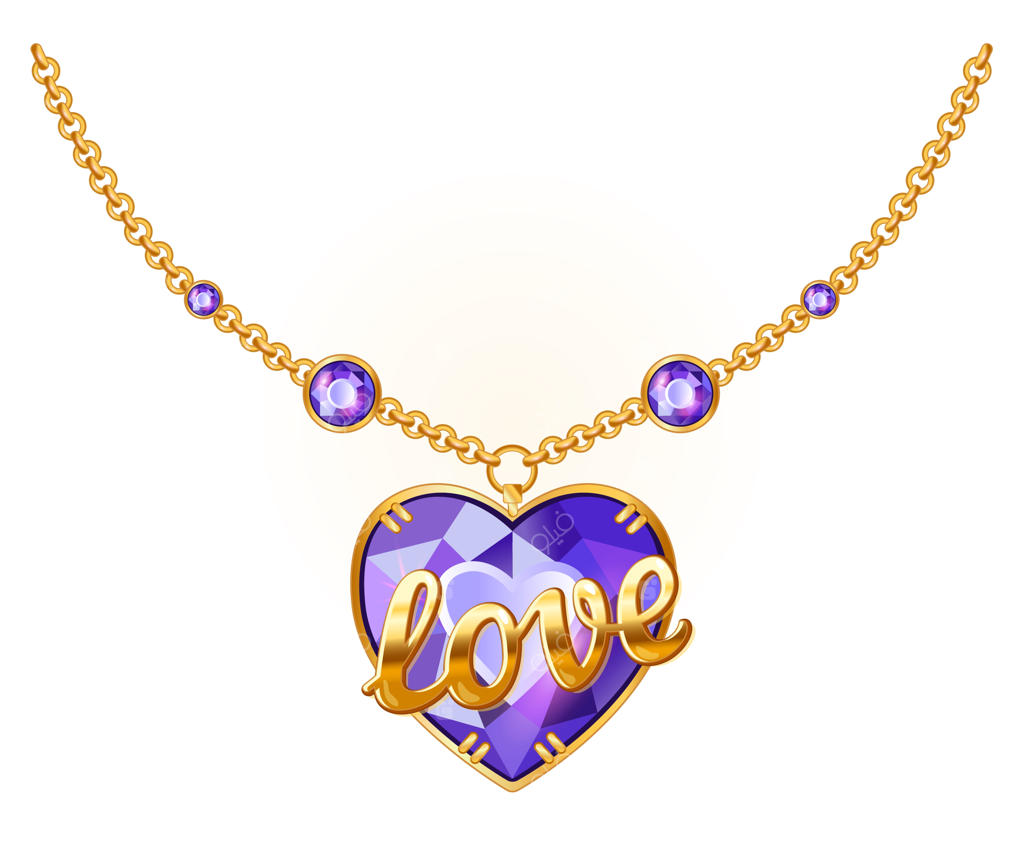 زنجیر طلا با جواهرات. آویز سنگ قیمتی با حکاکی طلایی "عشق". تصویر وکتور گردنبند طلایی.