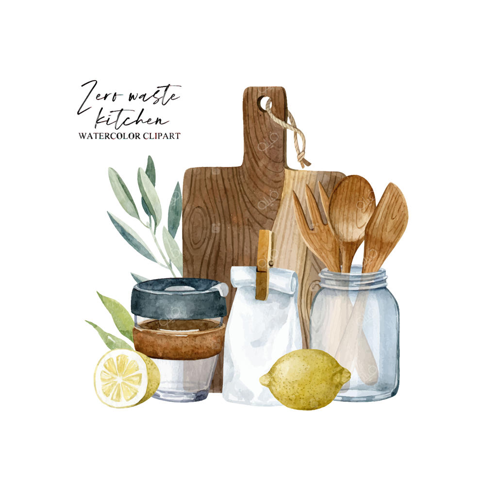 کلیپ آرت دستی وکتور آبرنگی از وسایل آشپزخانه دوستدار محیط زیست و زندگی بدون زباله