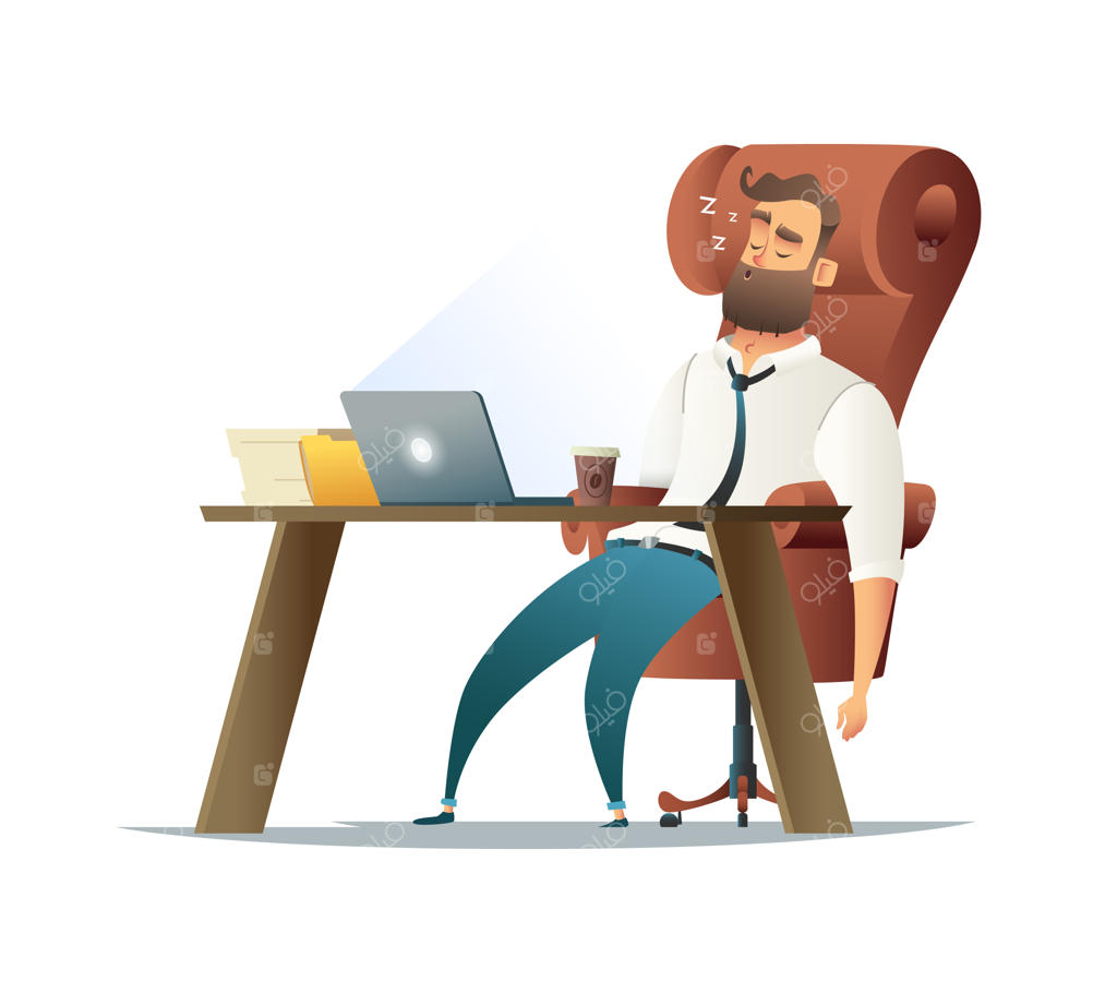 شبی پرکار در دفتر: مردی در صندلی اداری با قهوه و لپ‌تاپ خوابش برد.