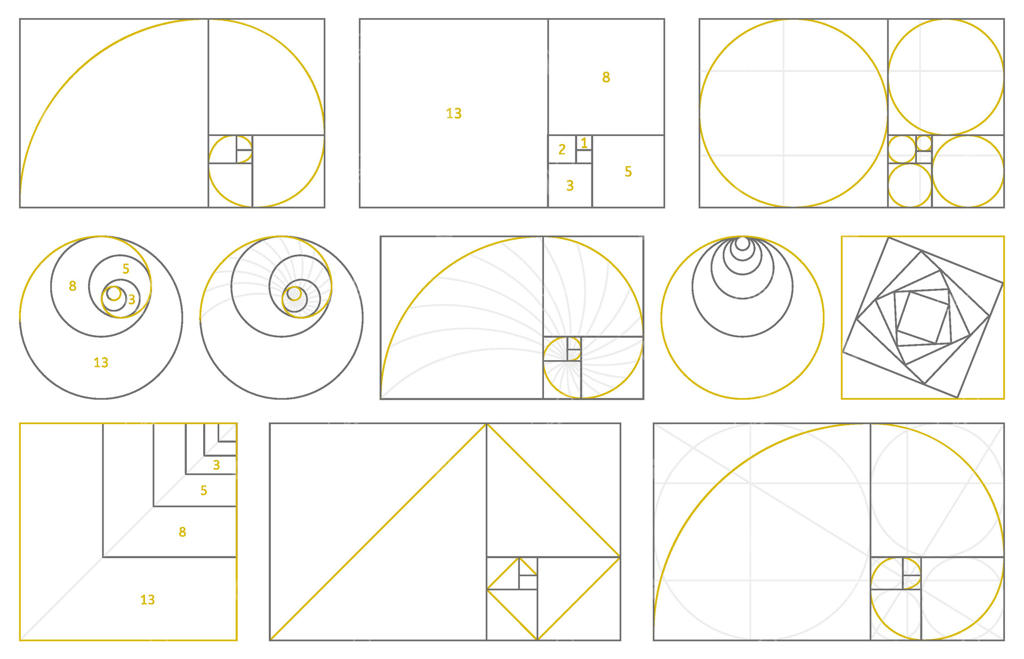 بخش طلایی، اعداد فیبوناچی و نسبت‌های ایده‌آل. هماهنگی هندسی و مارپیچ طلایی فیبوناچی. مجموعه‌ای از عناصر نسبت مارپیچی.