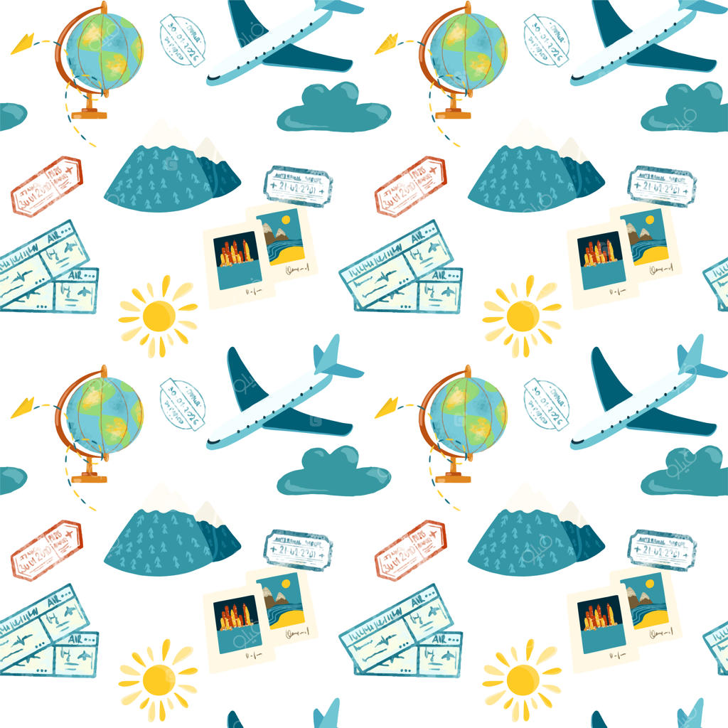 پترن یکپارچه عناصر گردشگری (هواپیما، کره زمین، مهرهای پاسپورت و بلیط هواپیما)