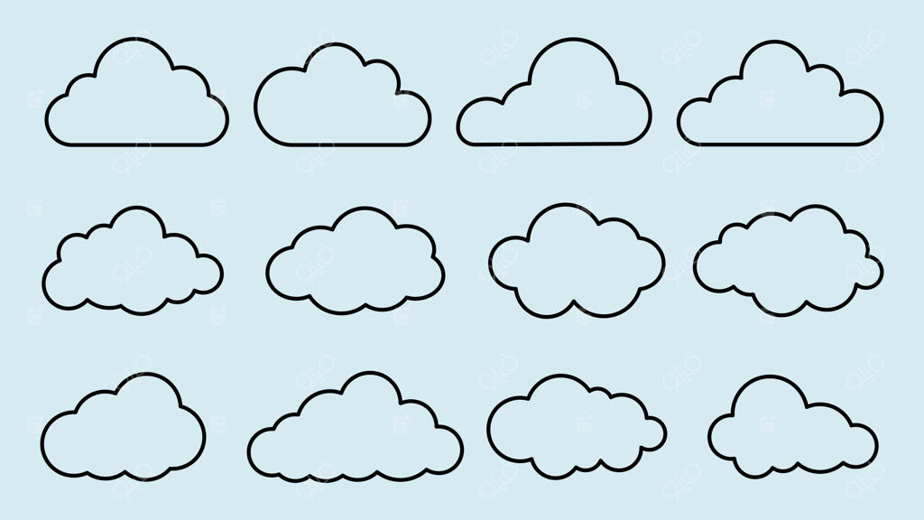 مجموعه ۱۲ طرح ابر بر روی زمینه آبی روشن - اشکال ساده ابر، آیکون‌های ابر، طراحی‌های ابر برای طرح‌های هواشناسی، مجموعه وکتور илלustration های آب و هوا