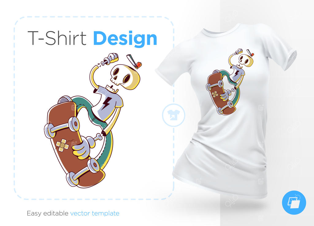 طرح خنده‌دار اسکلت اسکیت‌باز برای تی‌شرت‌ها